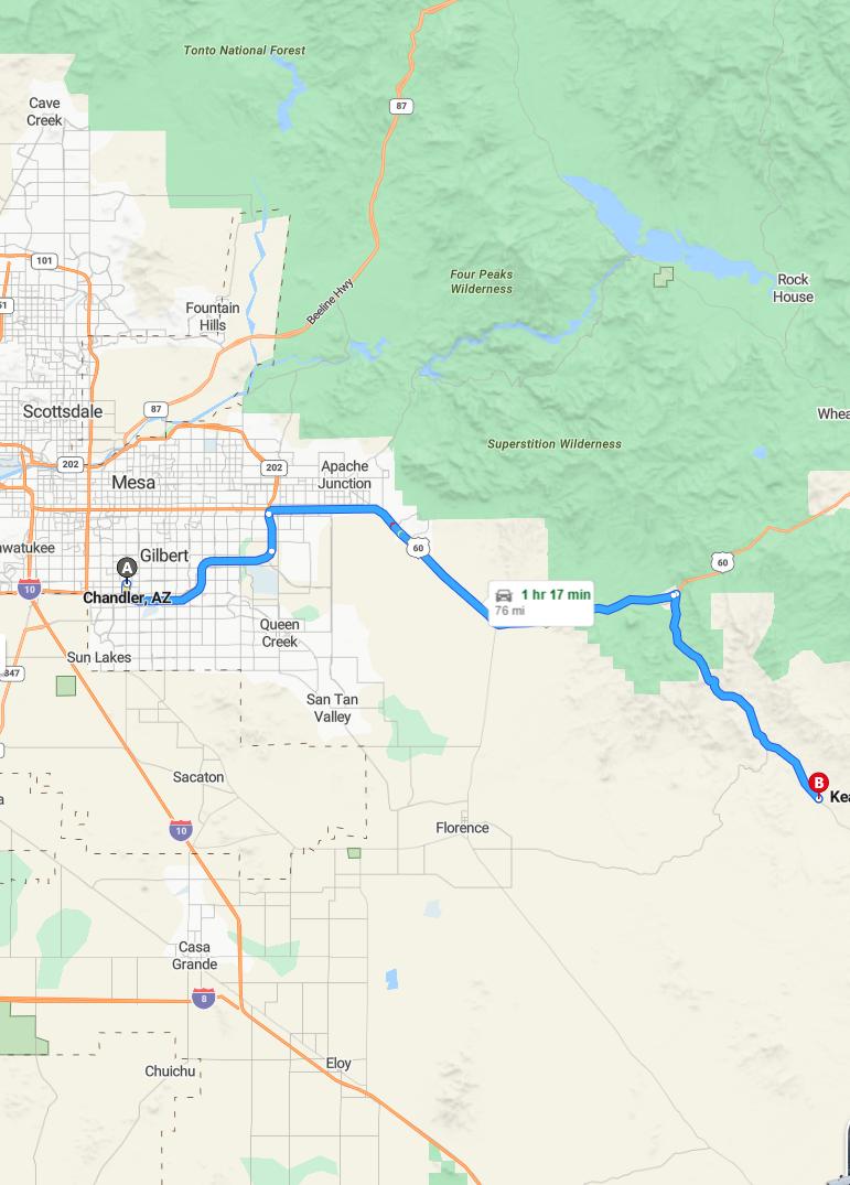 driving from Chandler, Arizona to KearnyArizona - map and route