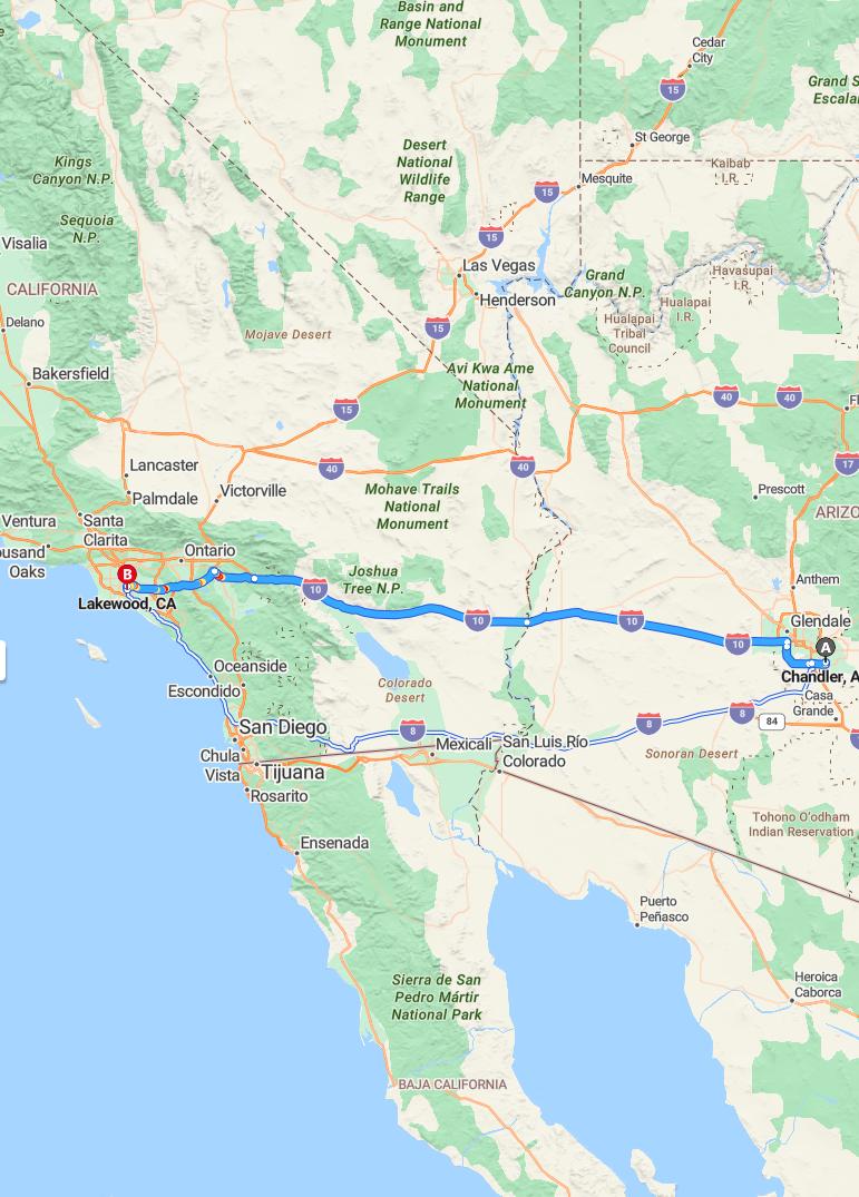 driving from Chandler, Arizona to LakewoodCalifornia - map and route