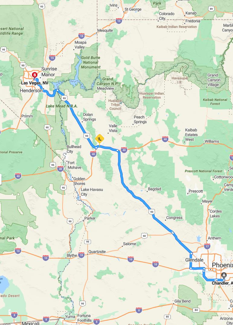 driving from Chandler, Arizona to Las VegasNevada - map and route