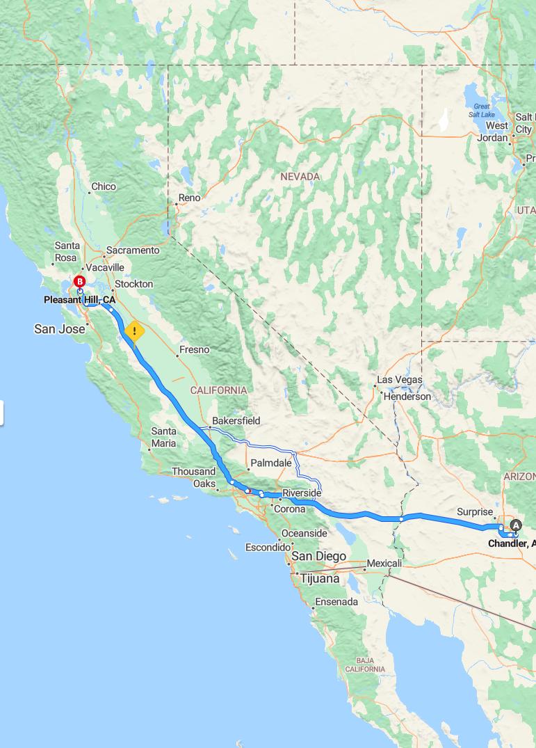 driving from Chandler, Arizona to Pleasant HillCalifornia - map and route
