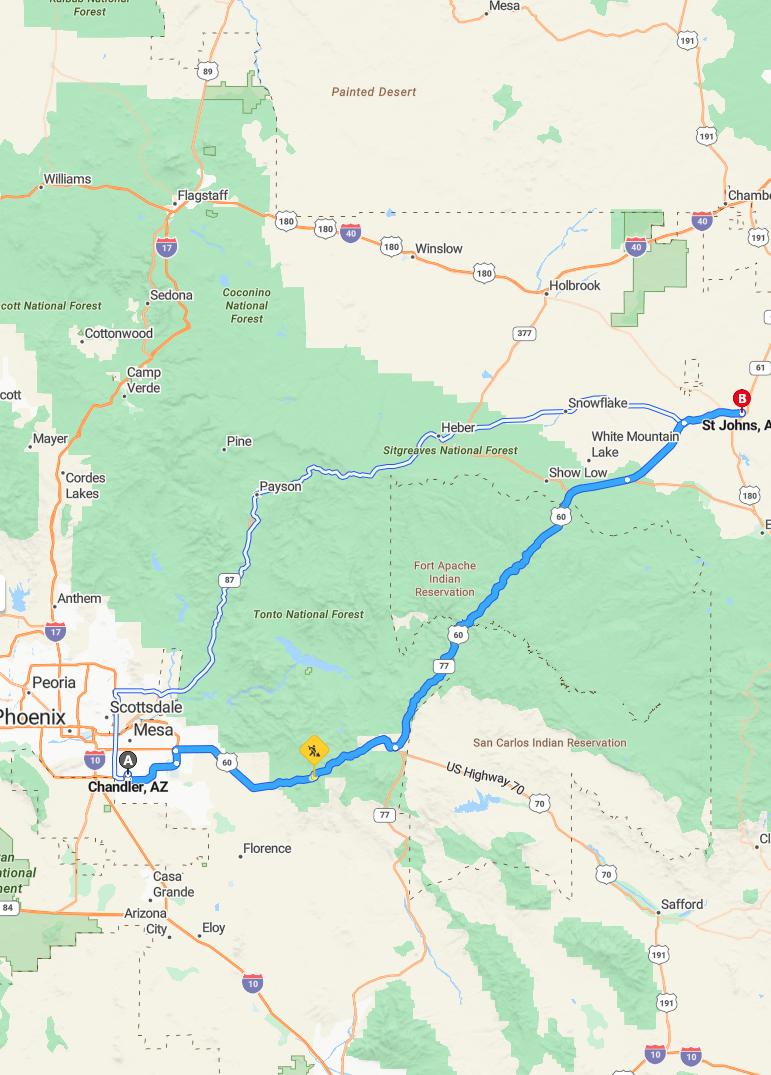 driving from Chandler, Arizona to Saint JohnsArizona - map and route