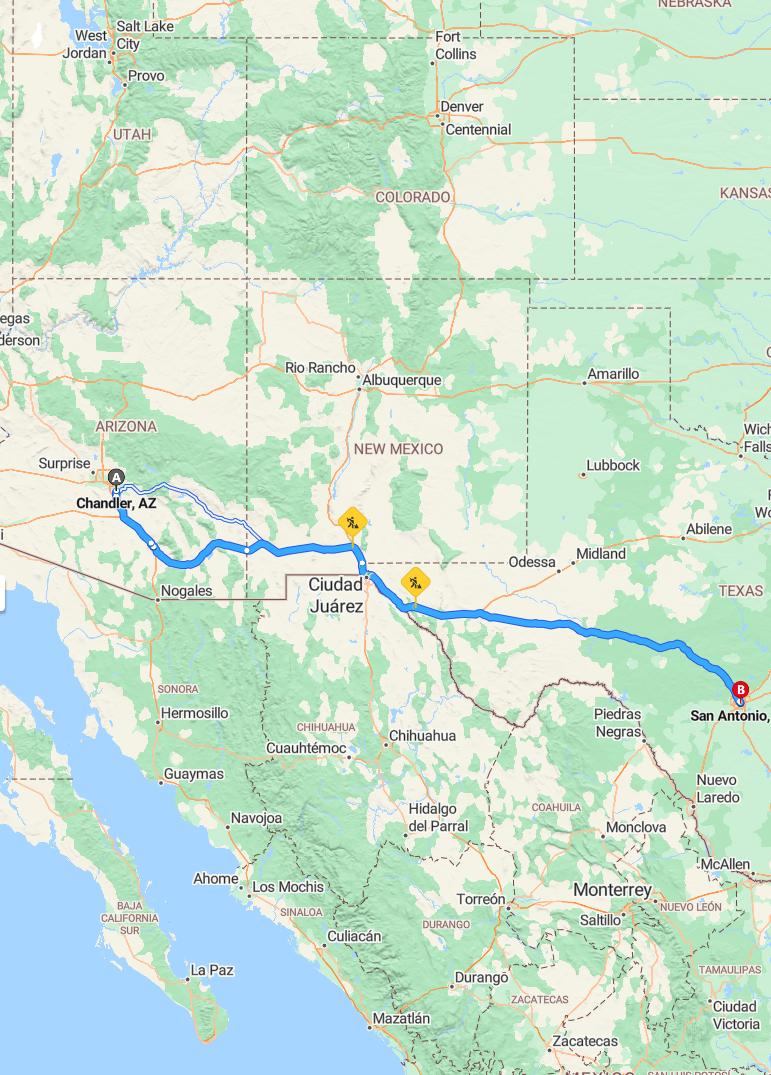 driving from Chandler, Arizona to San AntonioTexas - map and route