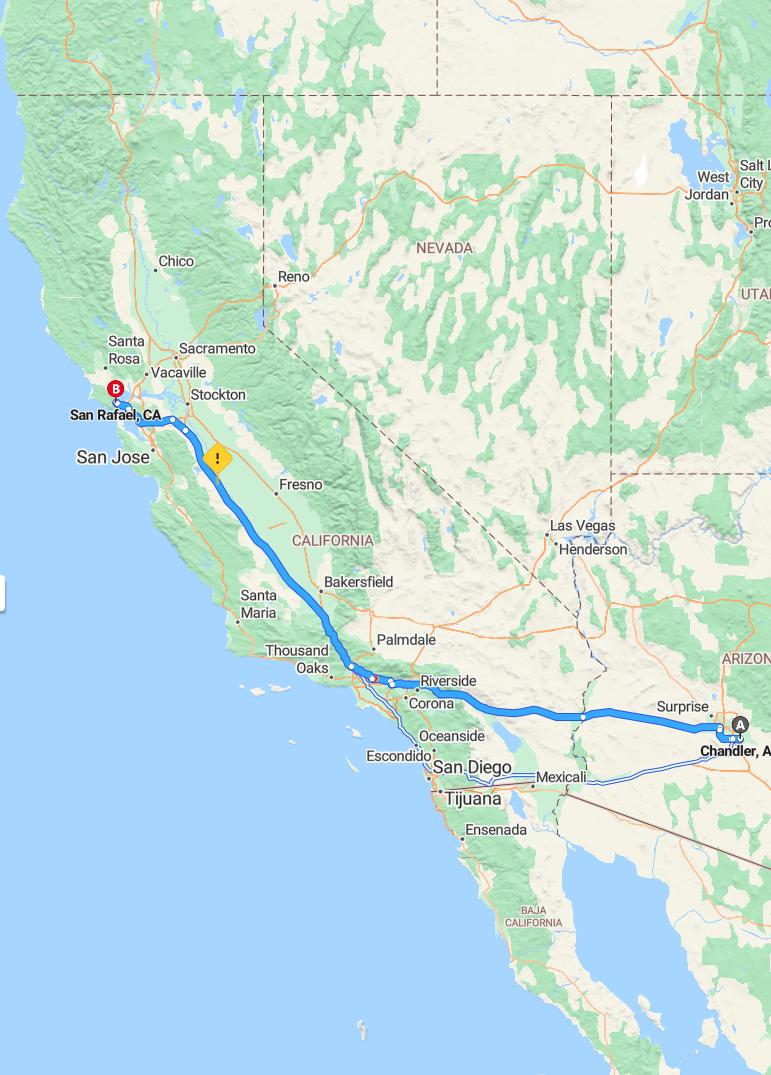 driving from Chandler, Arizona to San RafaelCalifornia - map and route