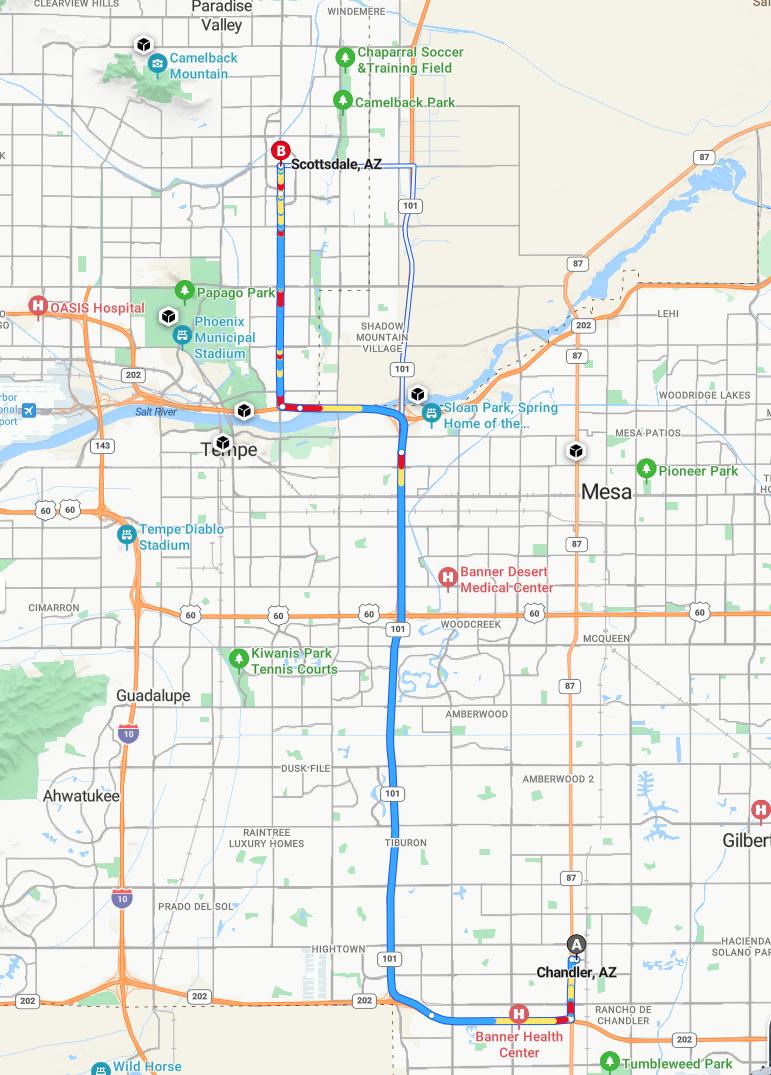 driving from Chandler, Arizona to ScottsdaleArizona - map and route