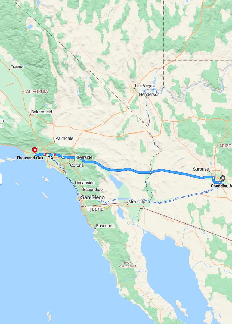 driving from Chandler, Arizona to Thousand OaksCalifornia - map and route