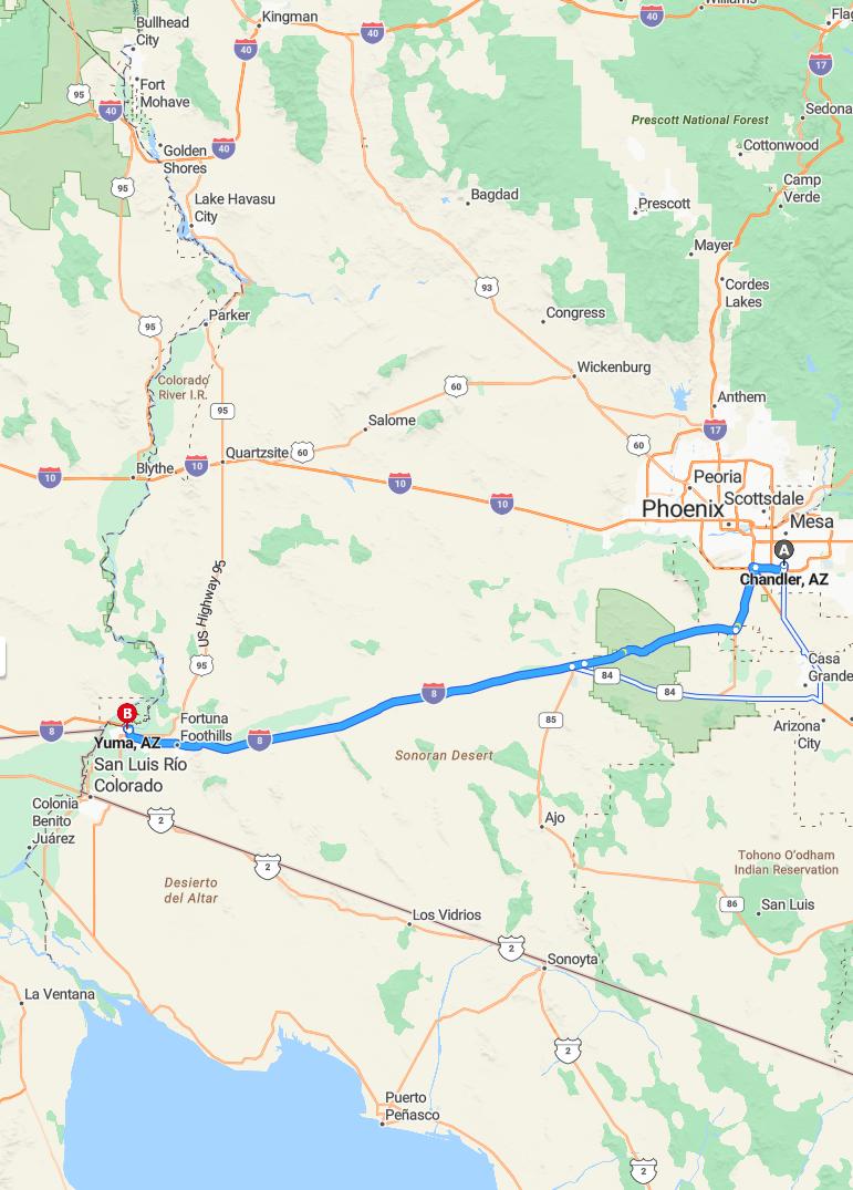 driving from Chandler, Arizona to YumaArizona - map and route