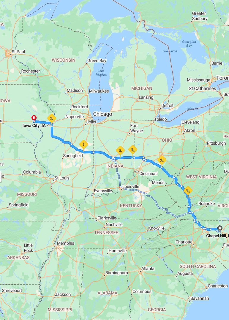 driving from Chapel Hill, North Carolina to Iowa CityIowa - map and route