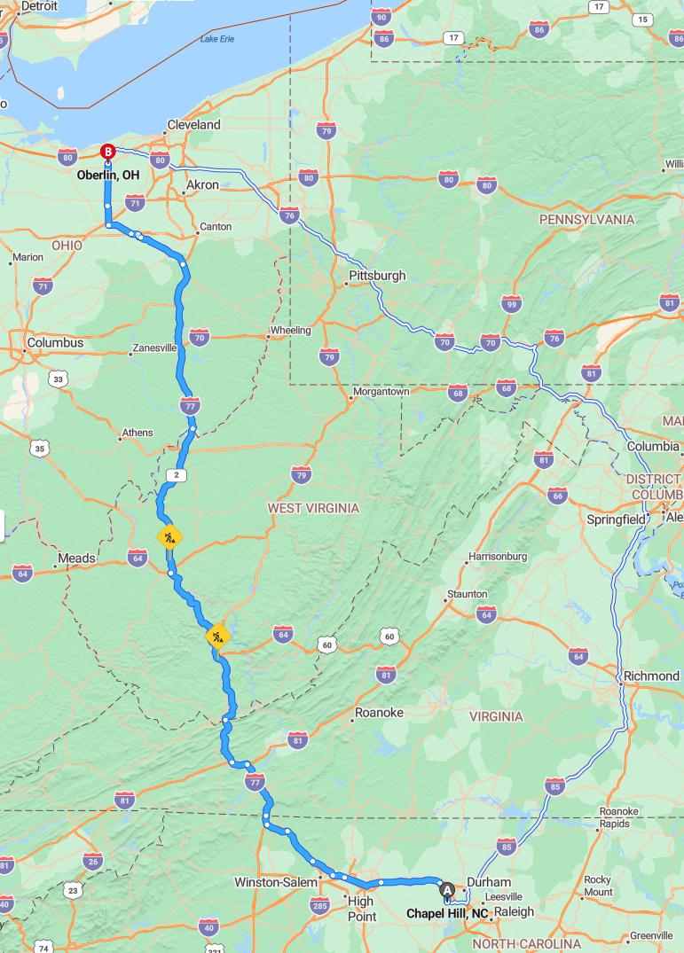 driving from Chapel Hill, North Carolina to OberlinOhio - map and route