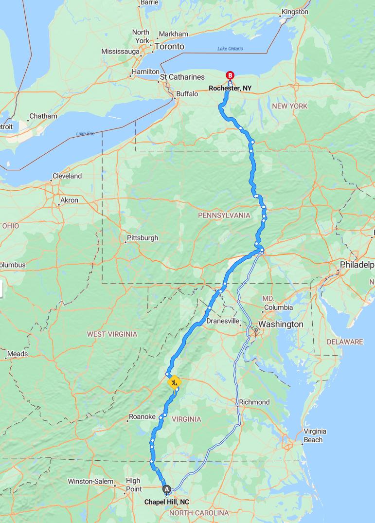 driving from Chapel Hill, North Carolina to RochesterNew York - map and route