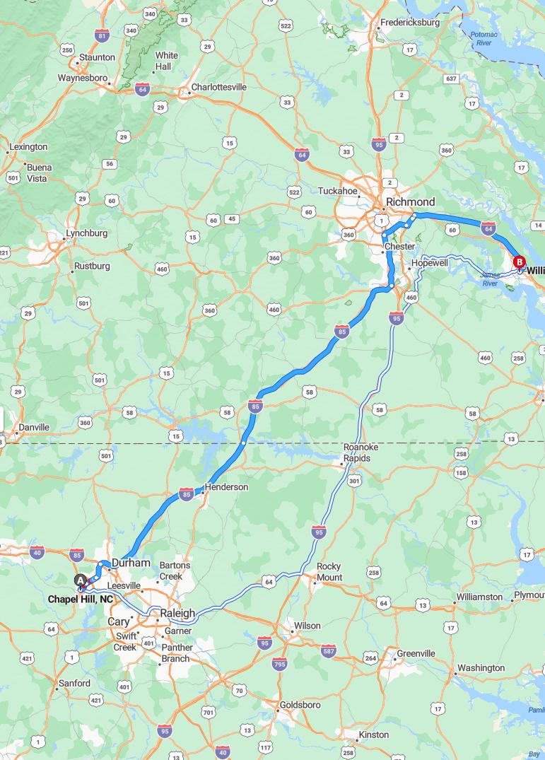 driving from Chapel Hill, North Carolina to WilliamsburgVirginia - map and route