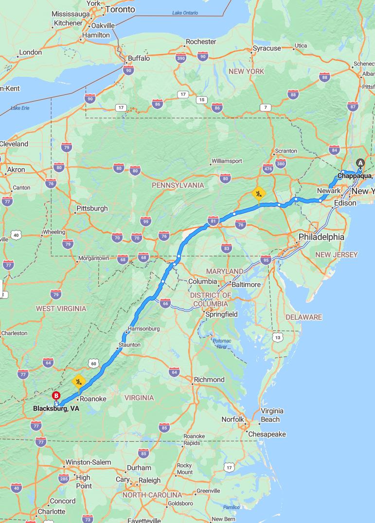 driving from Chappaqua, New York to BlacksburgVirginia - map and route