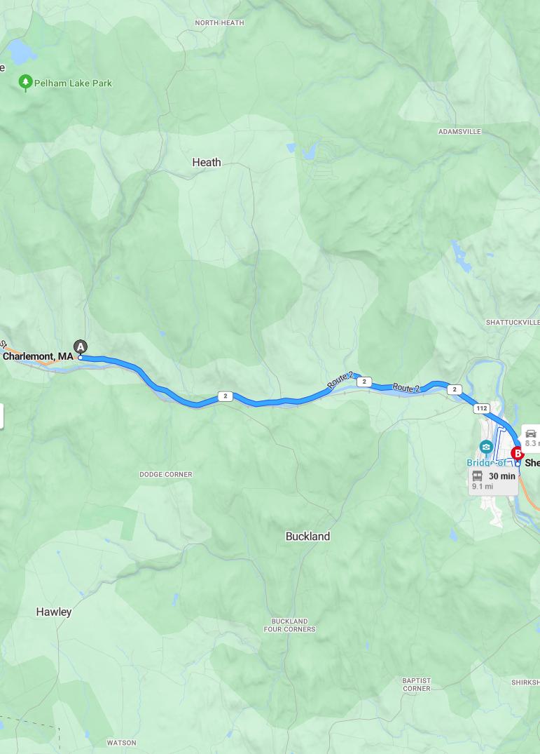 driving from Charlemont, Massachusetts to Shelburne FallsMassachusetts - map and route
