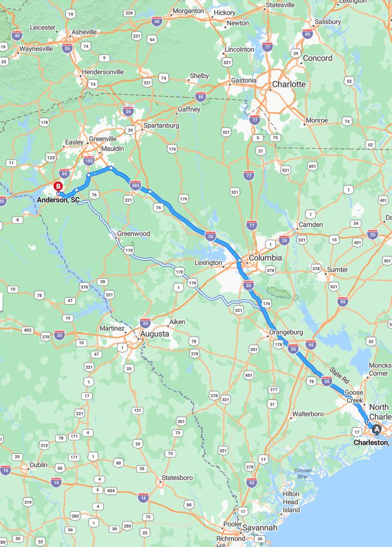 driving from Charleston, South Carolina to AndersonSouth Carolina - map and route
