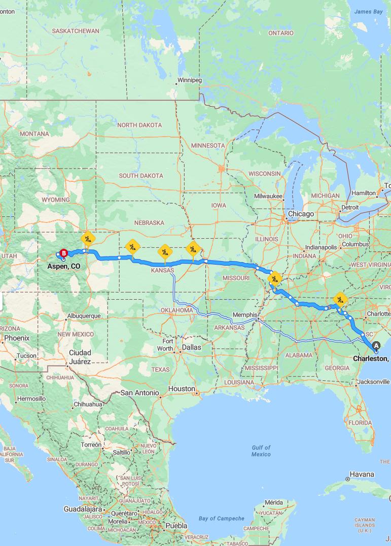 driving from Charleston, South Carolina to AspenColorado - map and route