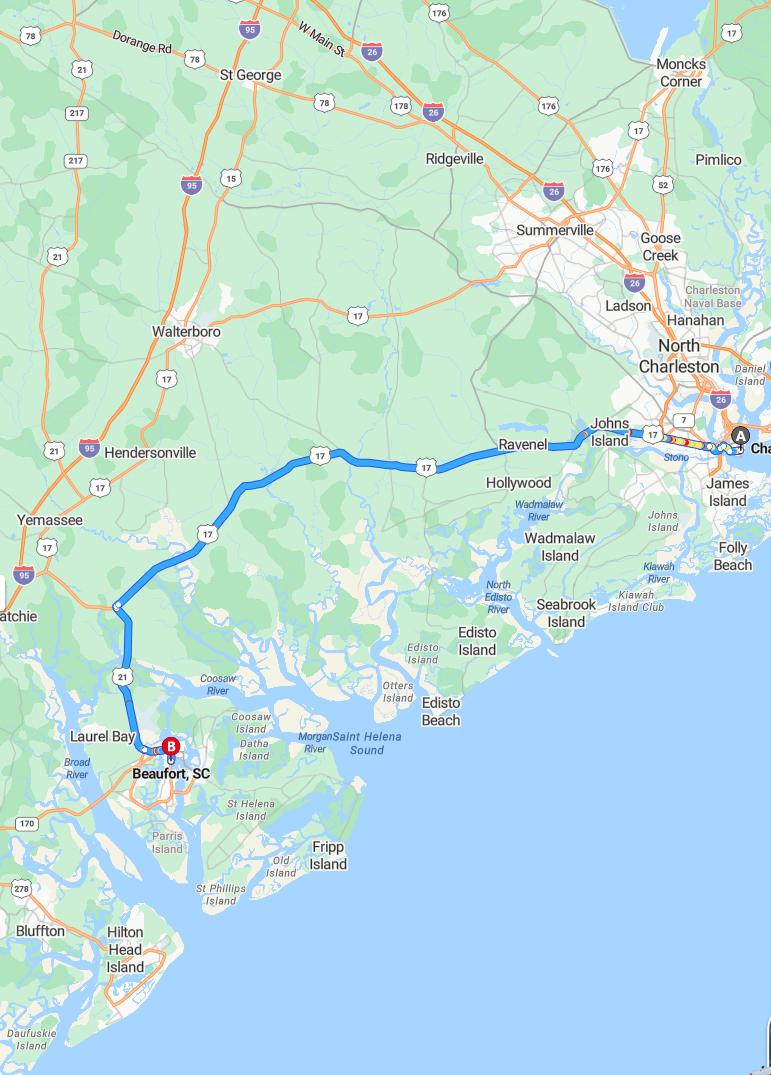 driving from Charleston, South Carolina to BeaufortSouth Carolina - map and route