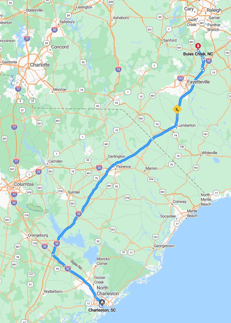 driving from Charleston, South Carolina to Buies CreekNorth Carolina - map and route