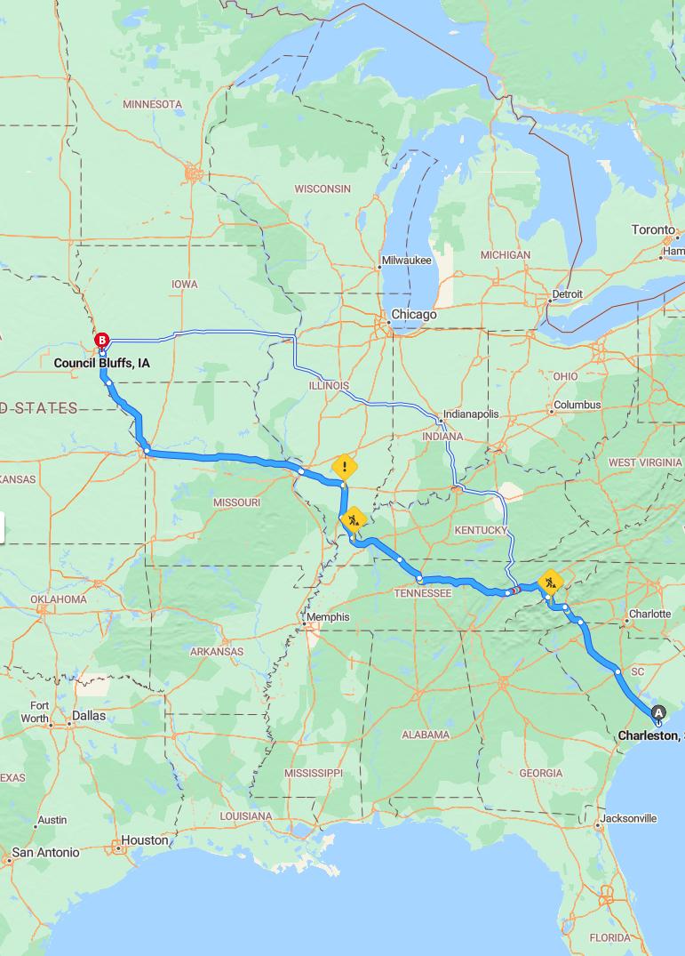 driving from Charleston, South Carolina to Council BluffsIowa - map and route
