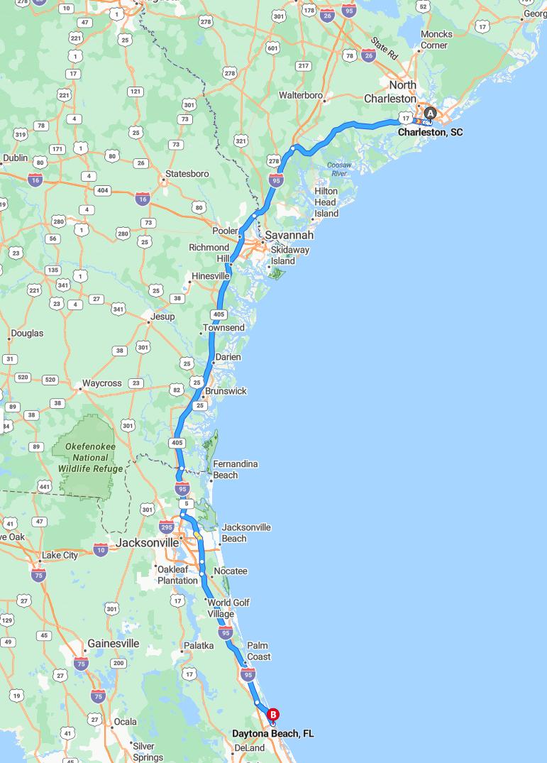 driving from Charleston, South Carolina to Daytona BeachFlorida - map and route