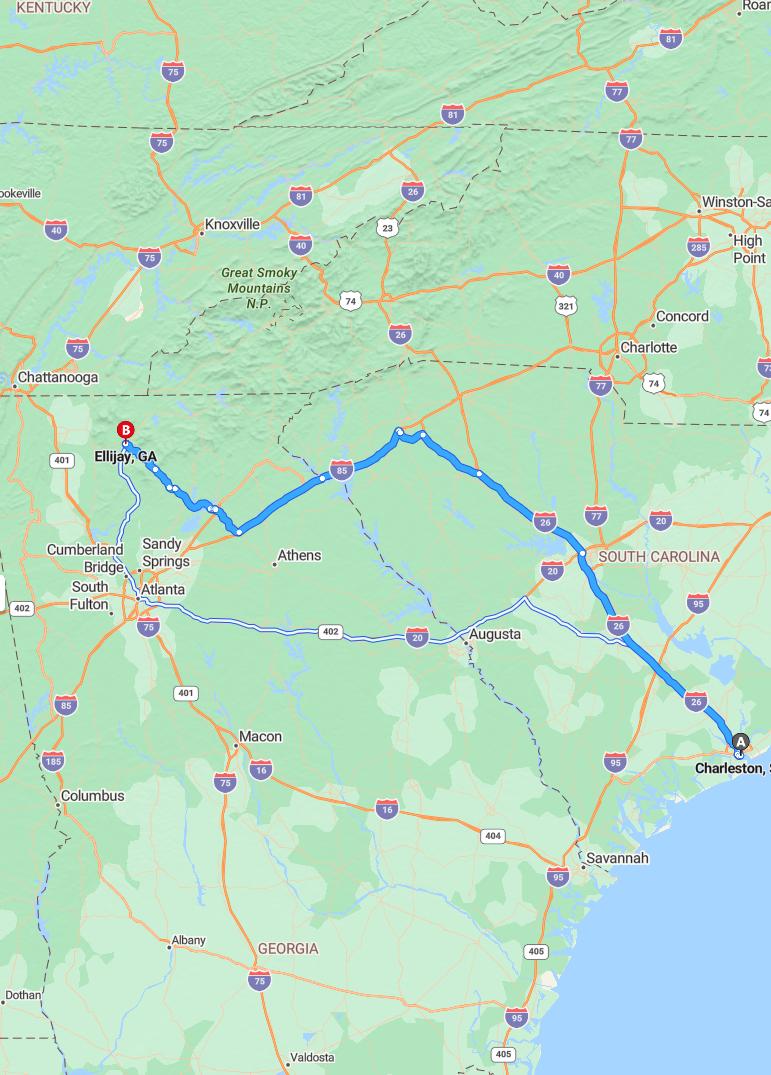 driving from Charleston, South Carolina to EllijayGeorgia - map and route