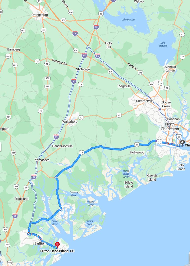 driving from Charleston, South Carolina to Hilton Head IslandSouth Carolina - map and route