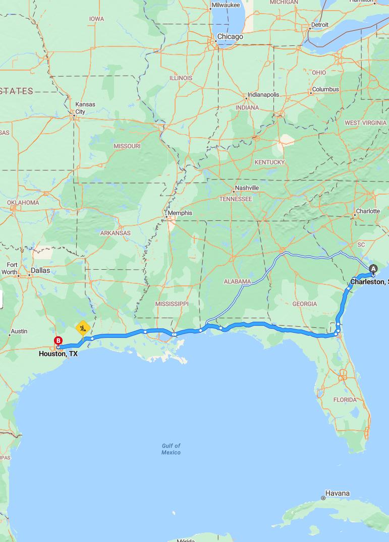 driving from Charleston, South Carolina to HoustonTexas - map and route