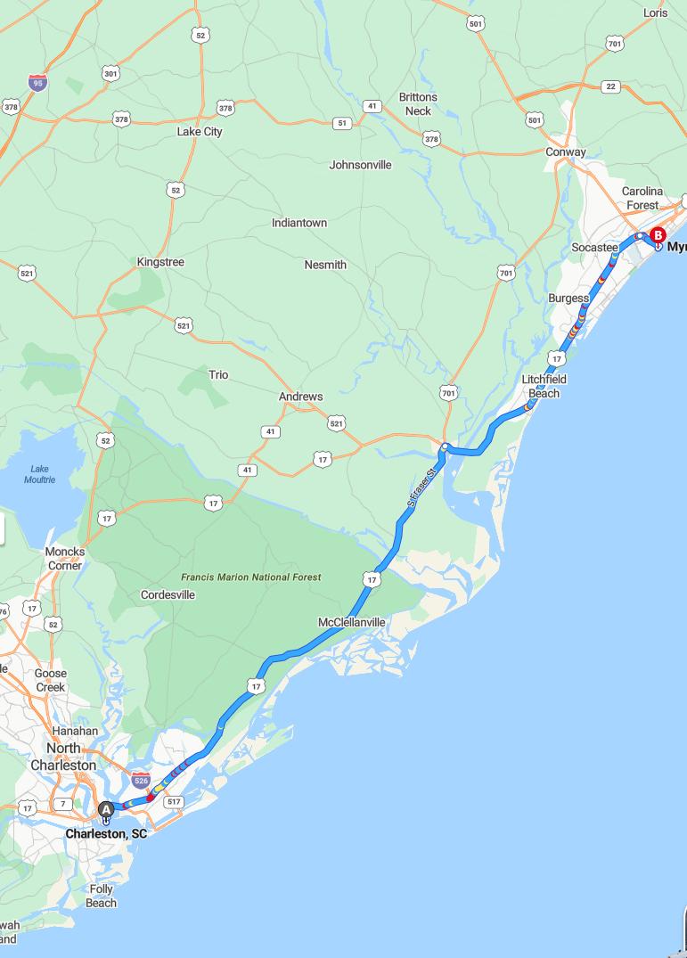 driving from Charleston, South Carolina to Myrtle BeachSouth Carolina - map and route