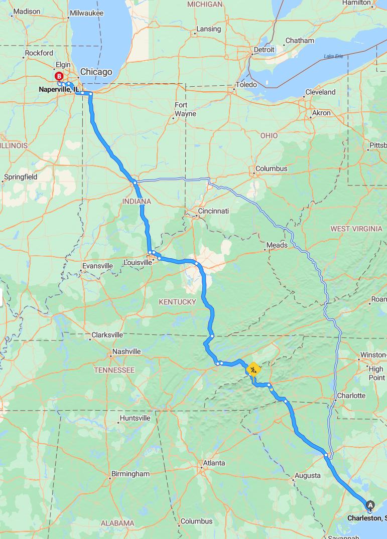 driving from Charleston, South Carolina to NapervilleIllinois - map and route