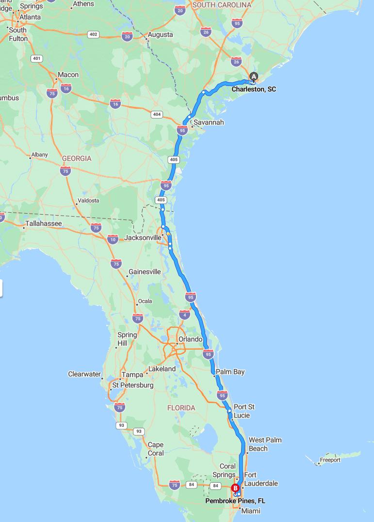 driving from Charleston, South Carolina to Pembroke PinesFlorida - map and route
