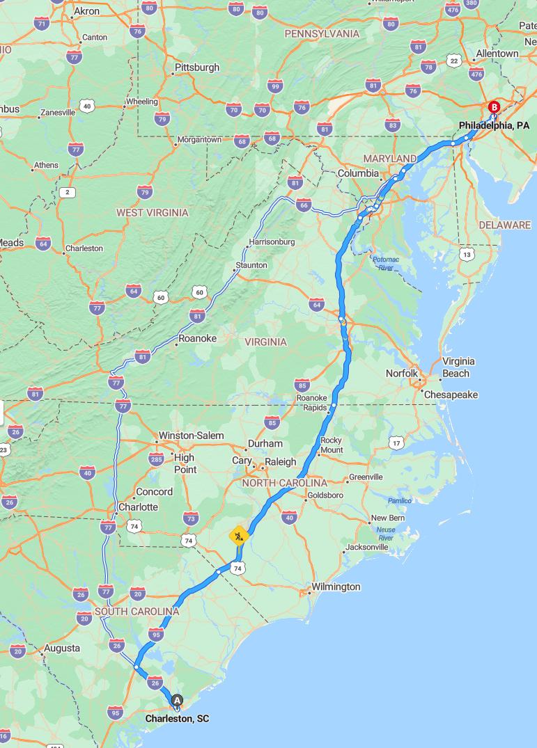 driving from Charleston, South Carolina to PhiladelphiaPennsylvania - map and route