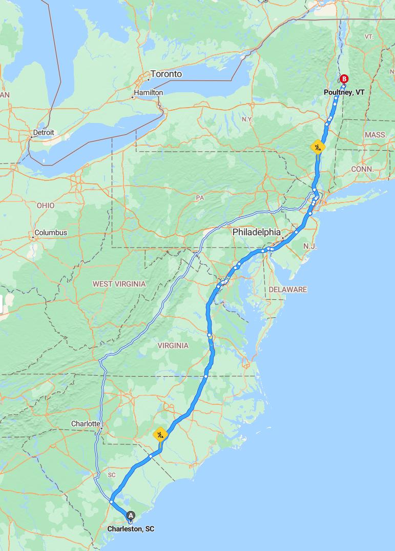 driving from Charleston, South Carolina to PoultneyVermont - map and route
