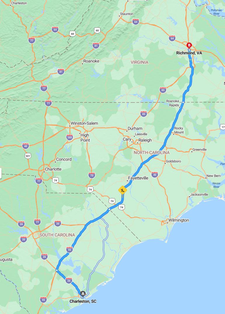 driving from Charleston, South Carolina to RichmondVirginia - map and route