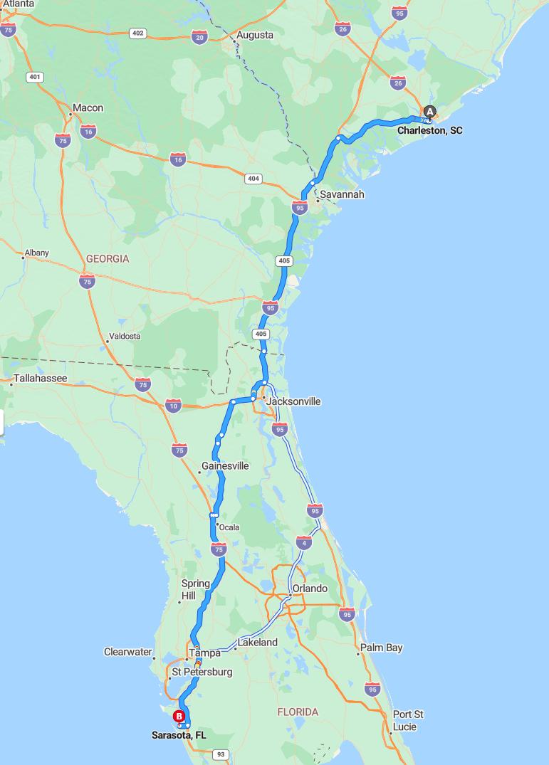 driving from Charleston, South Carolina to SarasotaFlorida - map and route
