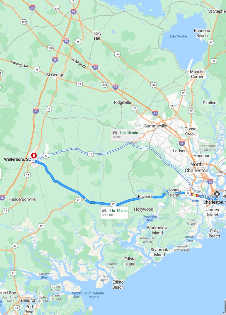 driving from Charleston, South Carolina to WalterboroSouth Carolina - map and route