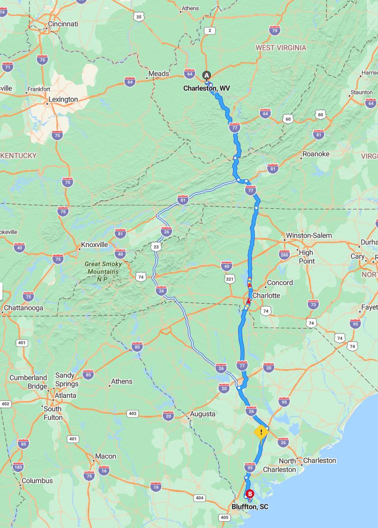 driving from Charleston, West Virginia to BlufftonSouth Carolina - map and route