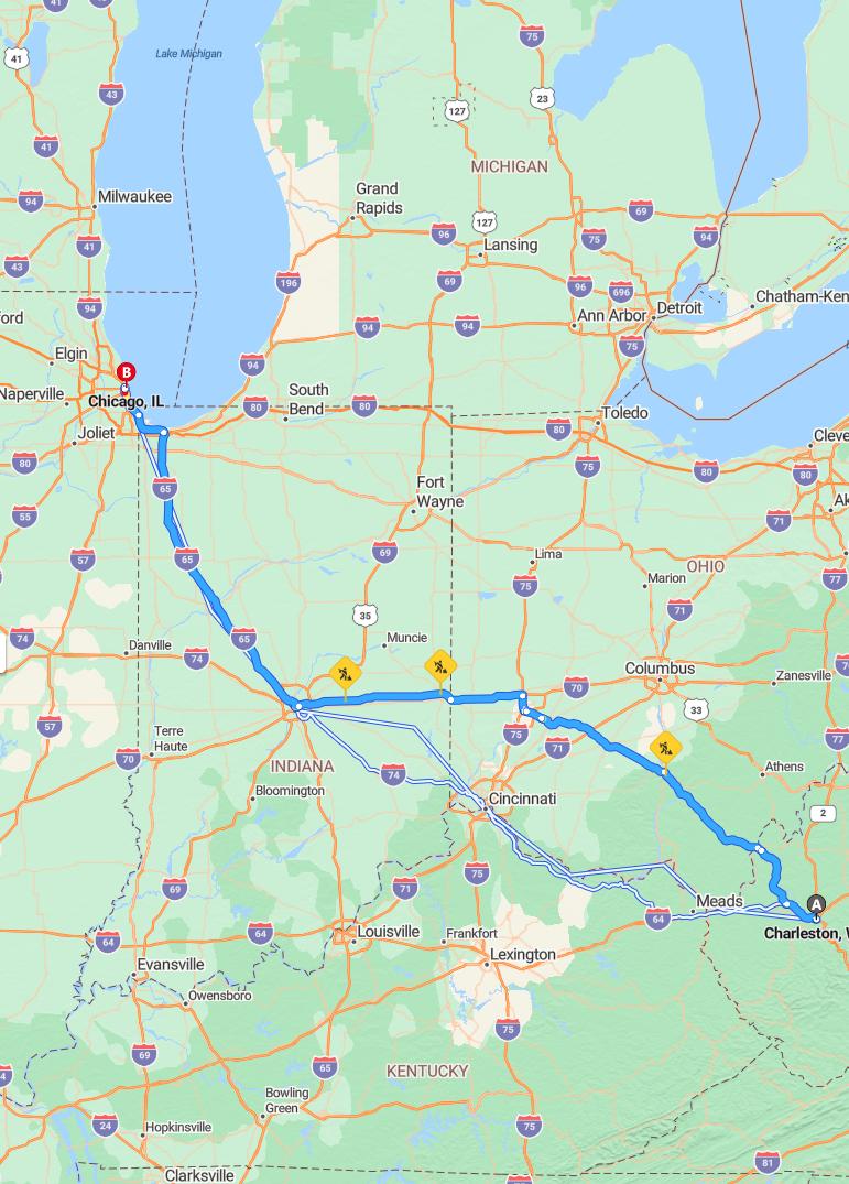 driving from Charleston, West Virginia to ChicagoIllinois - map and route