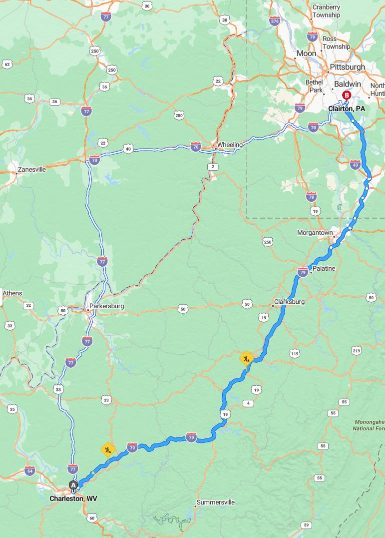 driving from Charleston, West Virginia to ClairtonPennsylvania - map and route