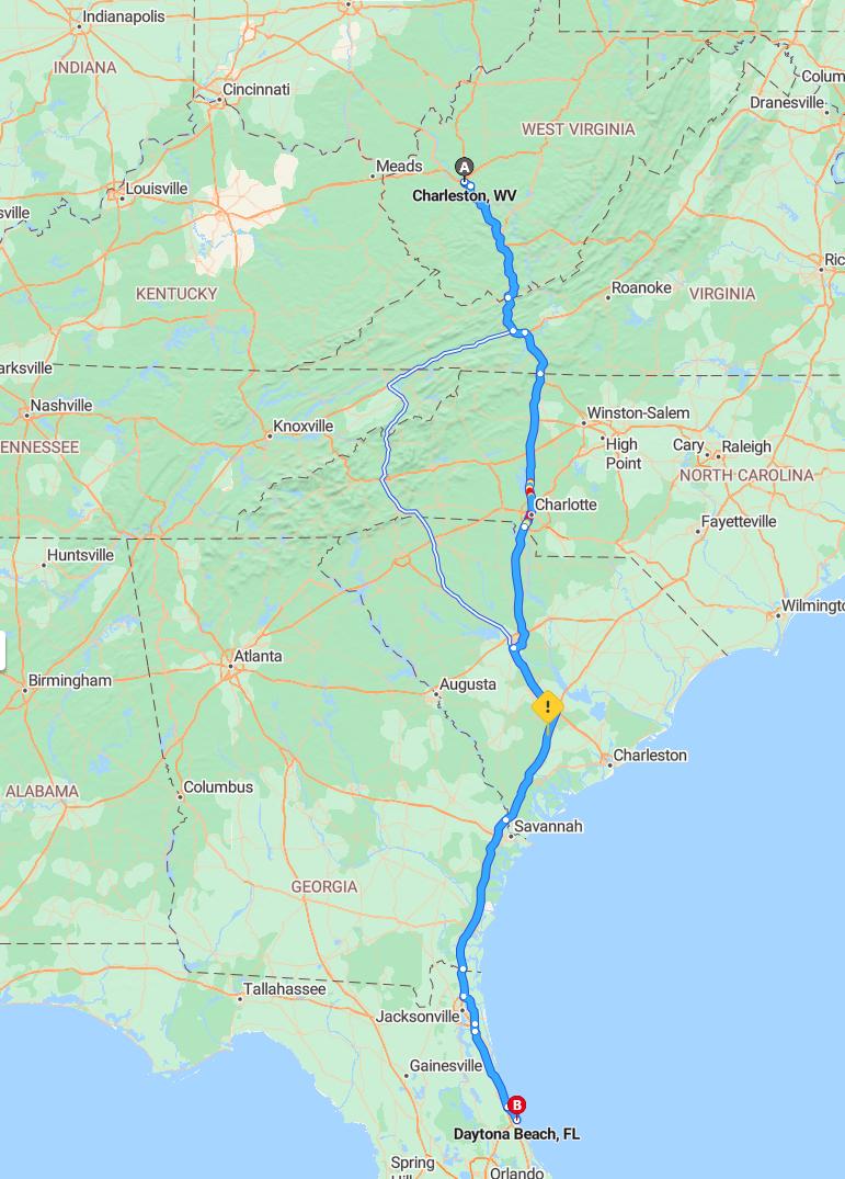 driving from Charleston, West Virginia to Daytona BeachFlorida - map and route