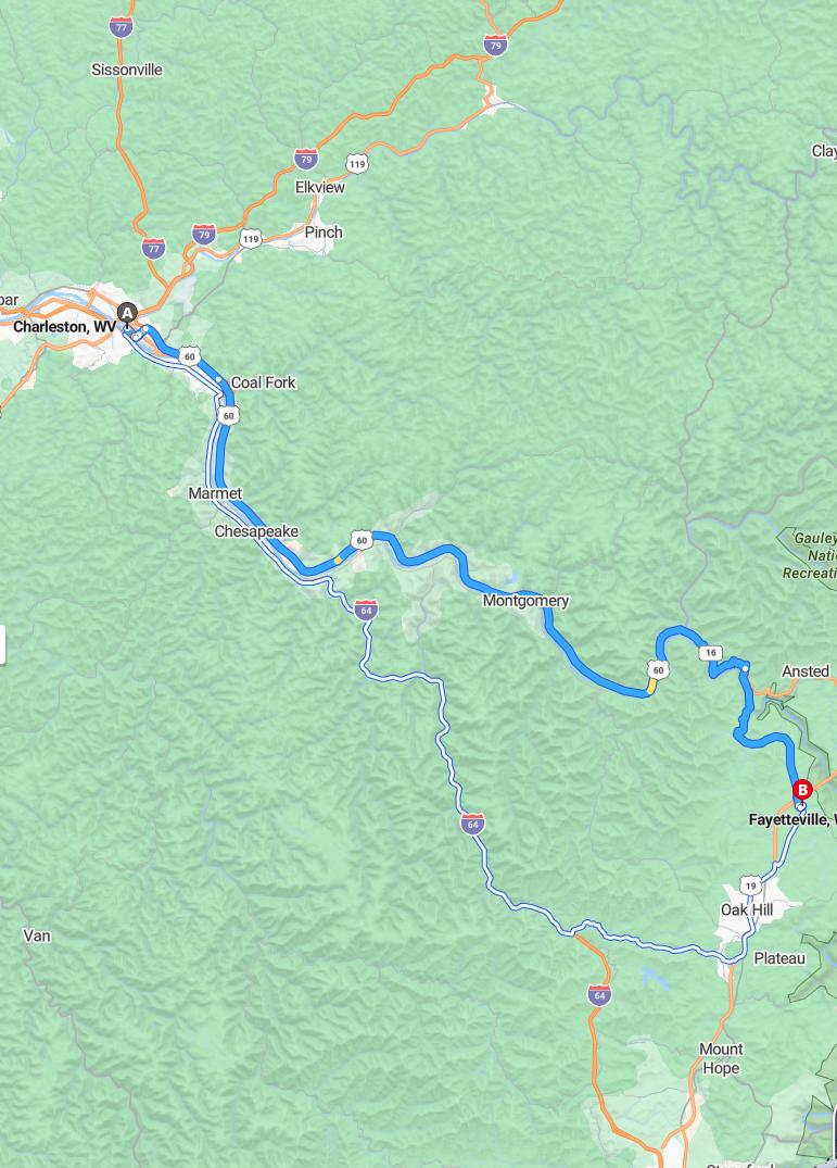 driving from Charleston, West Virginia to FayettevilleWest Virginia - map and route