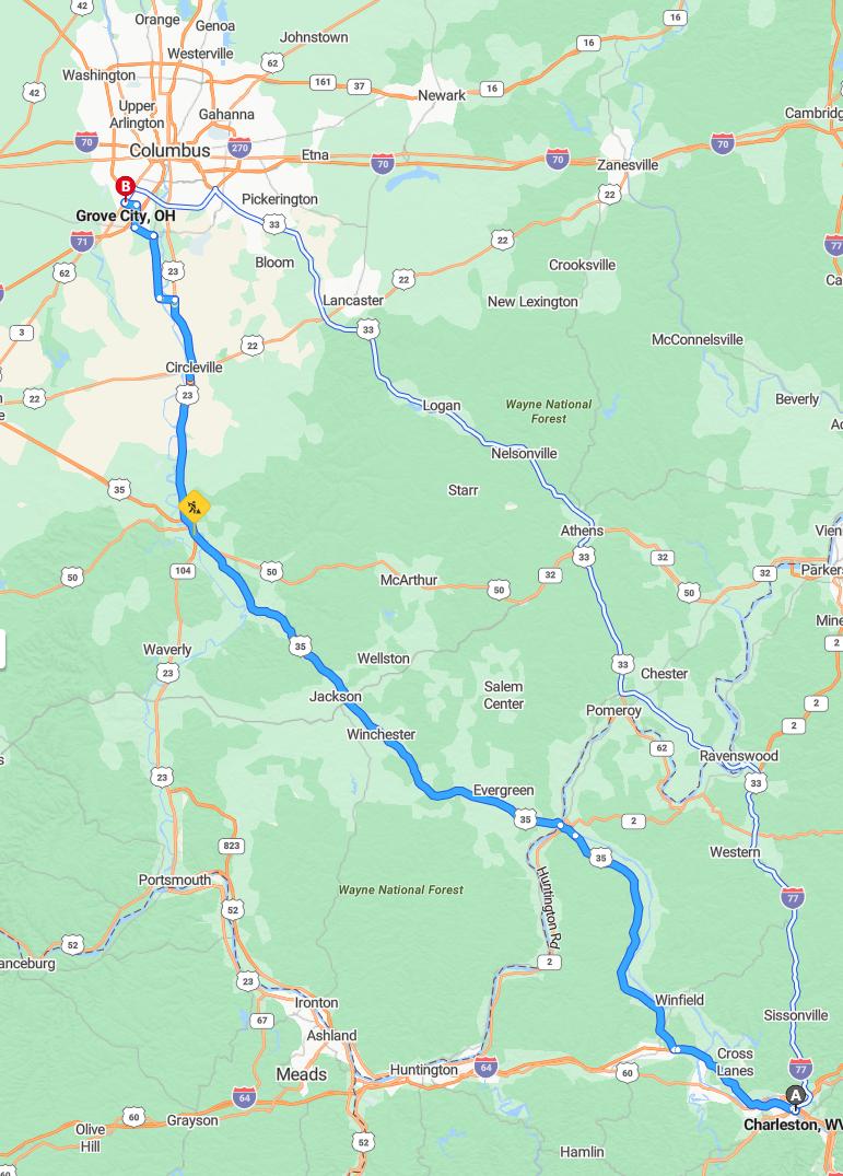driving from Charleston, West Virginia to Grove CityOhio - map and route