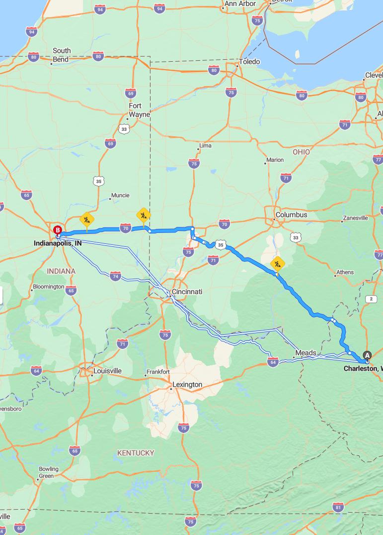 driving from Charleston, West Virginia to IndianapolisIndiana - map and route