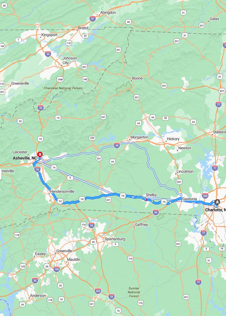 driving from Charlotte, North Carolina to AshevilleNorth Carolina - map and route