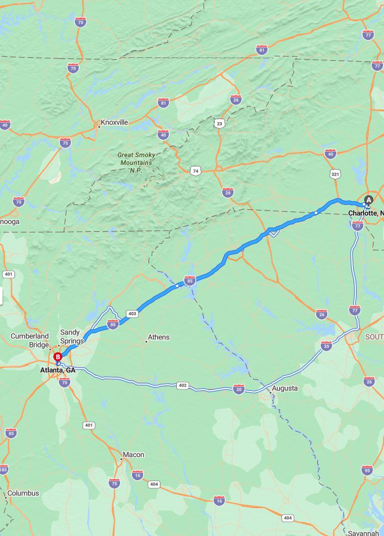 driving from Charlotte, North Carolina to AtlantaGeorgia - map and route