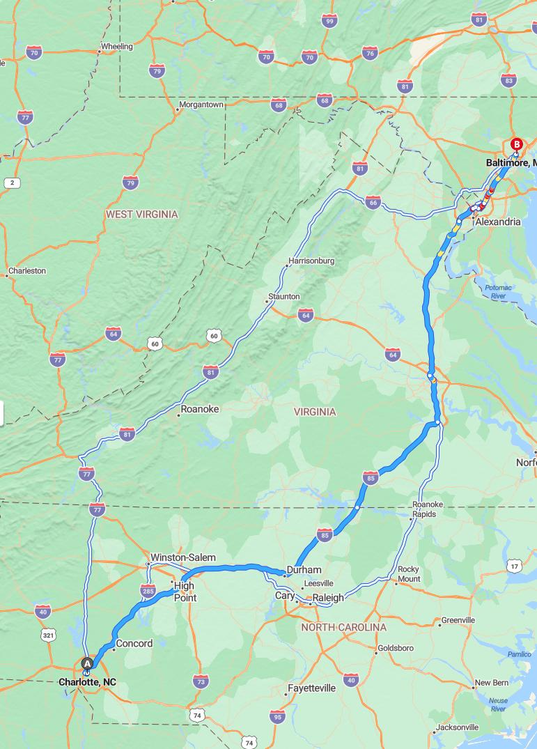 driving from Charlotte, North Carolina to BaltimoreMaryland - map and route