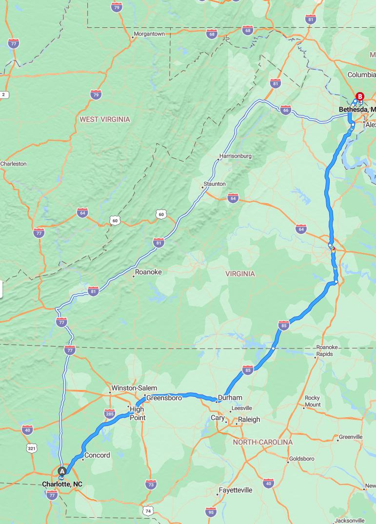 driving from Charlotte, North Carolina to BethesdaMaryland - map and route
