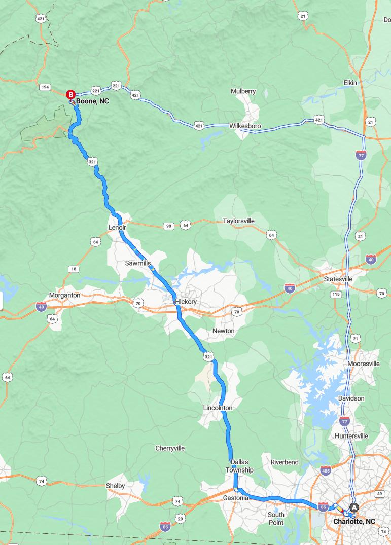 driving from Charlotte, North Carolina to BooneNorth Carolina - map and route