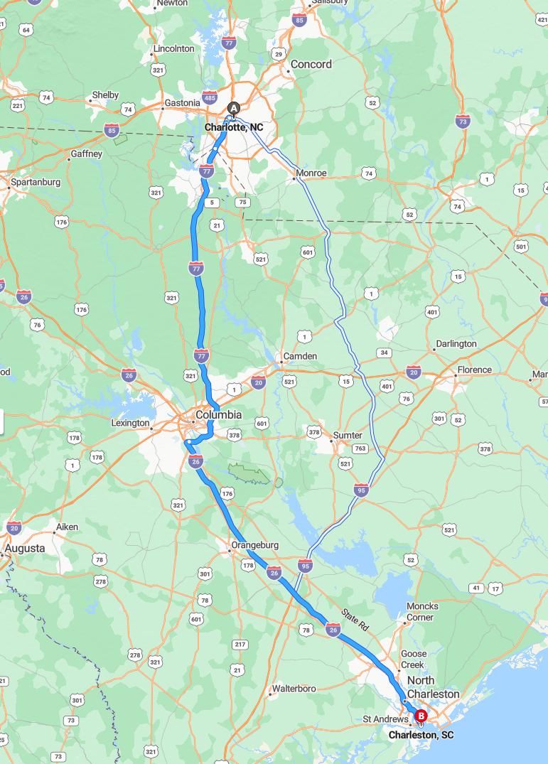 driving from Charlotte, North Carolina to CharlestonSouth Carolina - map and route
