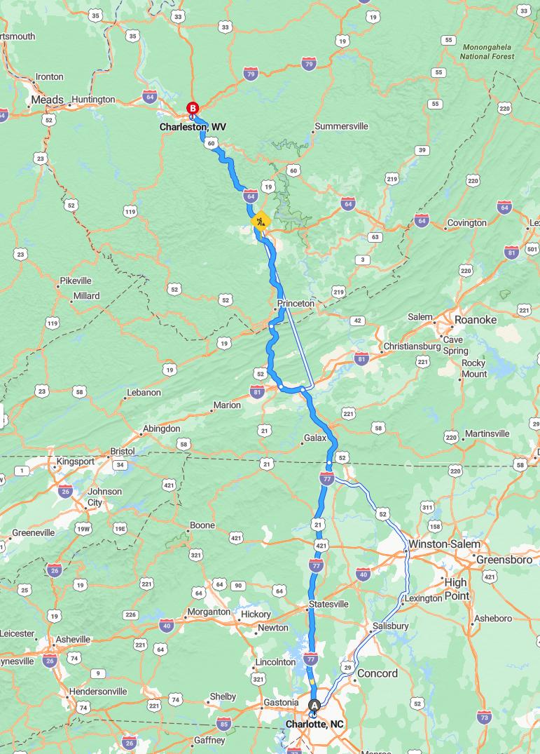 driving from Charlotte, North Carolina to CharlestonWest Virginia - map and route