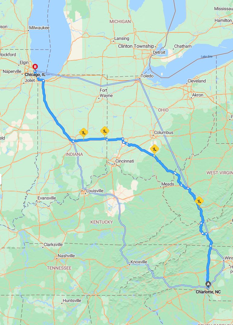 driving from Charlotte, North Carolina to ChicagoIllinois - map and route