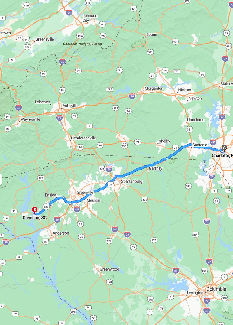 driving from Charlotte, North Carolina to ClemsonSouth Carolina - map and route