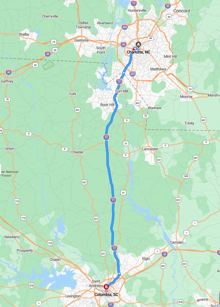 driving from Charlotte, North Carolina to ColumbiaSouth Carolina - map and route